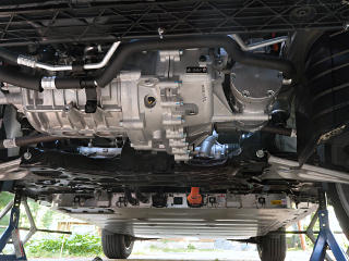 View under front: motor/transaxle, pack connections