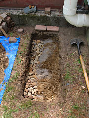 Rudimentary graded-size drainage bed on east side