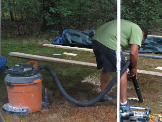 Vacuuming the lawn