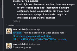 slack: req for masq photos and coffee-line stuff