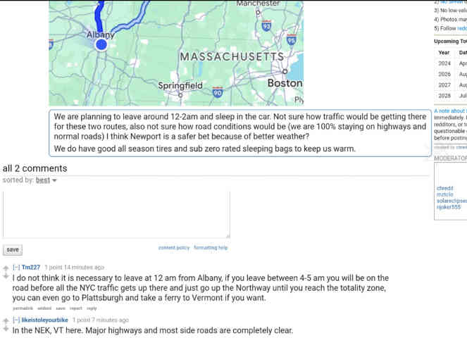 Reddit post: trip planning