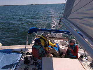 View aft, finally under sail: crew huddled down, nice wake