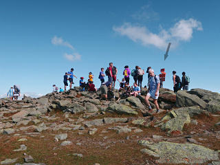 Lineup for photos around summit sign
