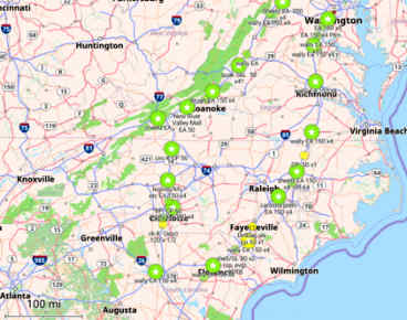 East coast map with charger waypoints