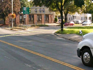 Streetview shot of no-trucks on-ramp